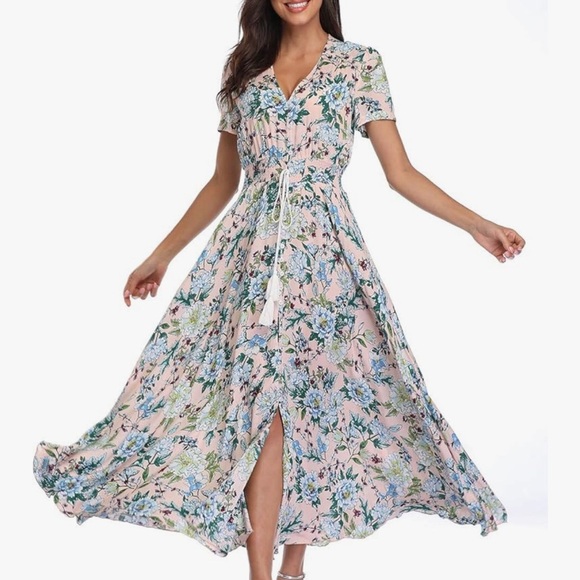 Boutique Pink Floral Midi Dress Button Up Split Summer Boho Long Beach Dress M - Picture 2 of 10